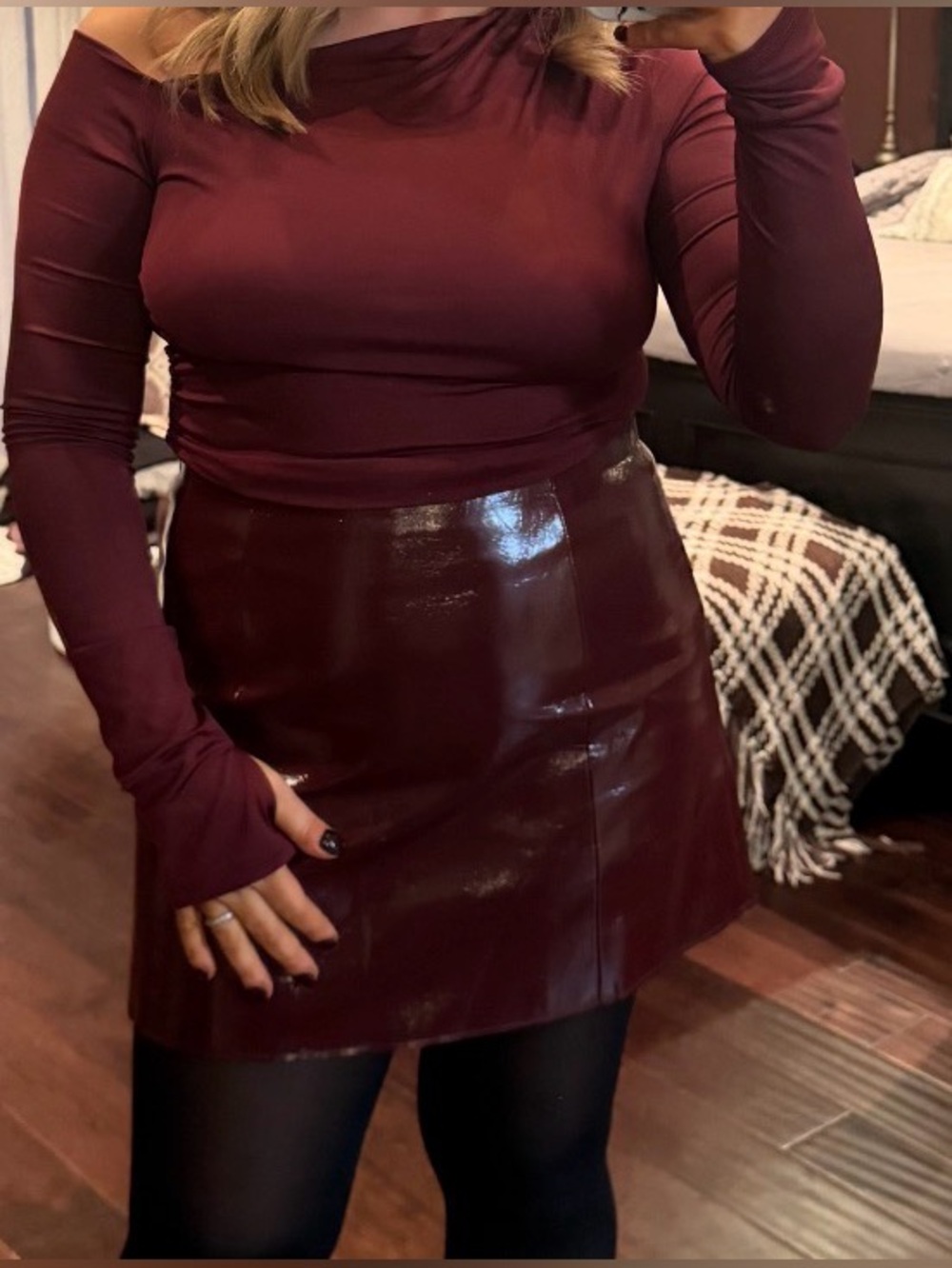 Ronny Kobo Collection Glossy Burgundy Faux Leather Mini Skirt